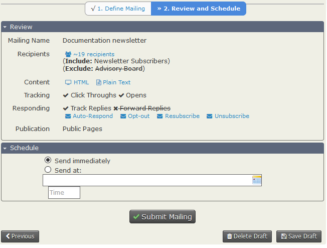 Engage Mail Review and Schedule screen