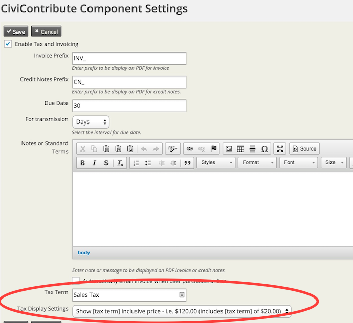 Engage Contribute Component settings with the tax term listbox at the bottom.