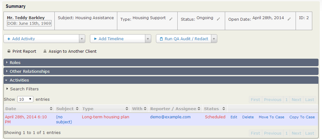 Manage case page